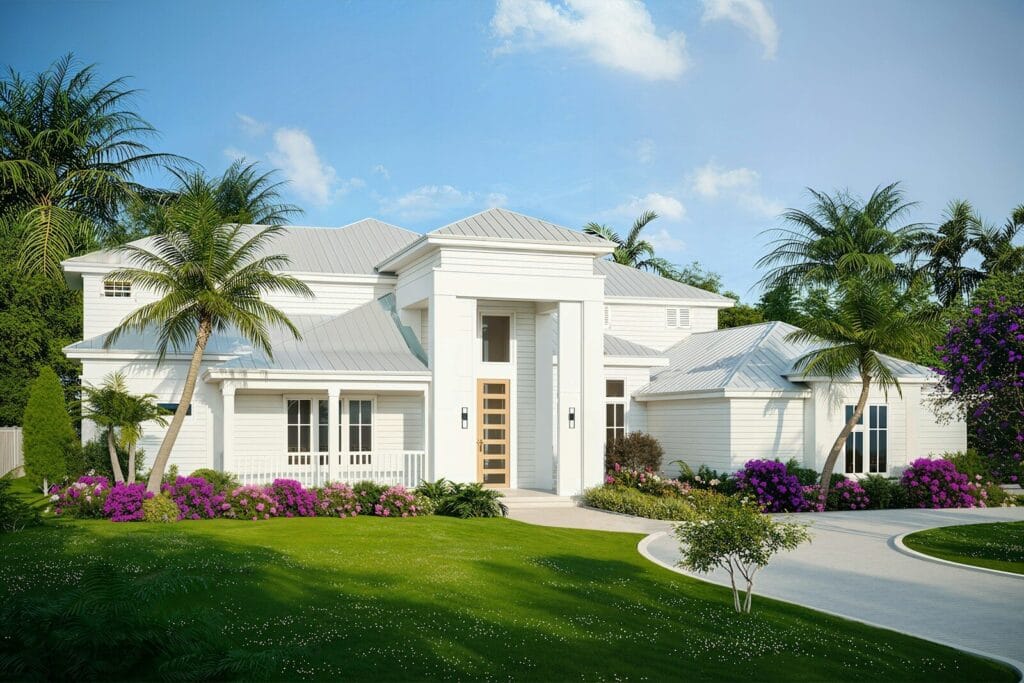 A modern white house with lush landscaping