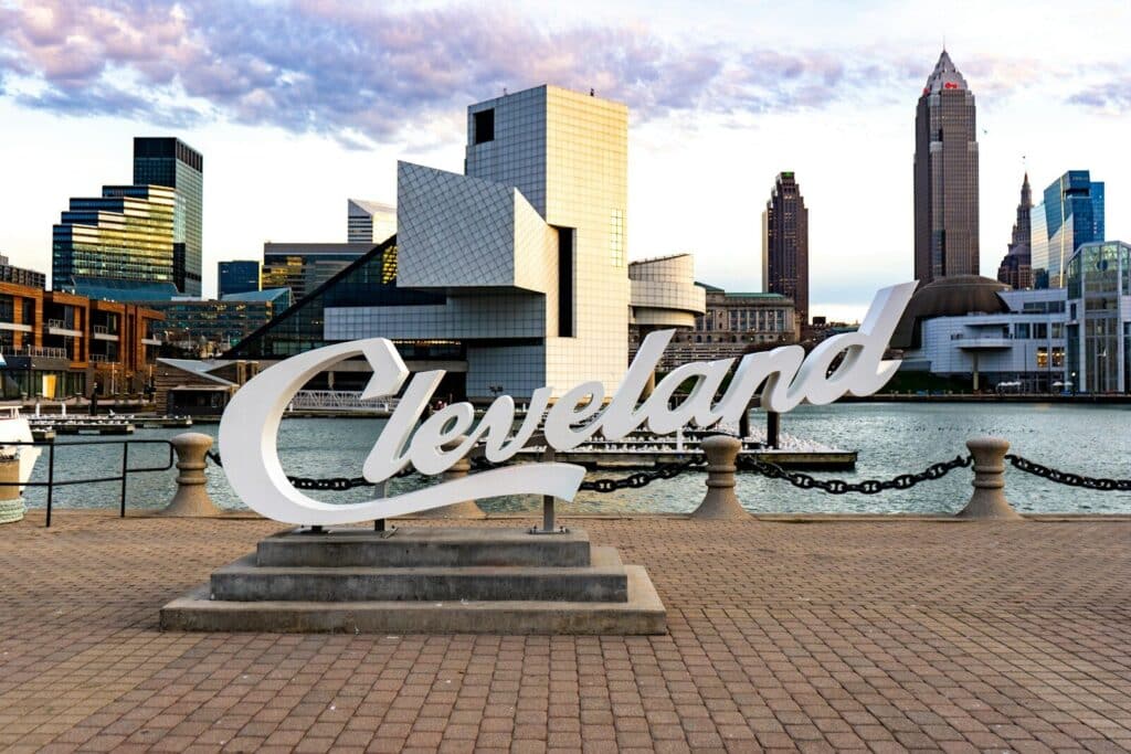 Cleveland real estate and architecture shows white and blue concrete building under blue sky during daytime, Cleveland Ohio Houses