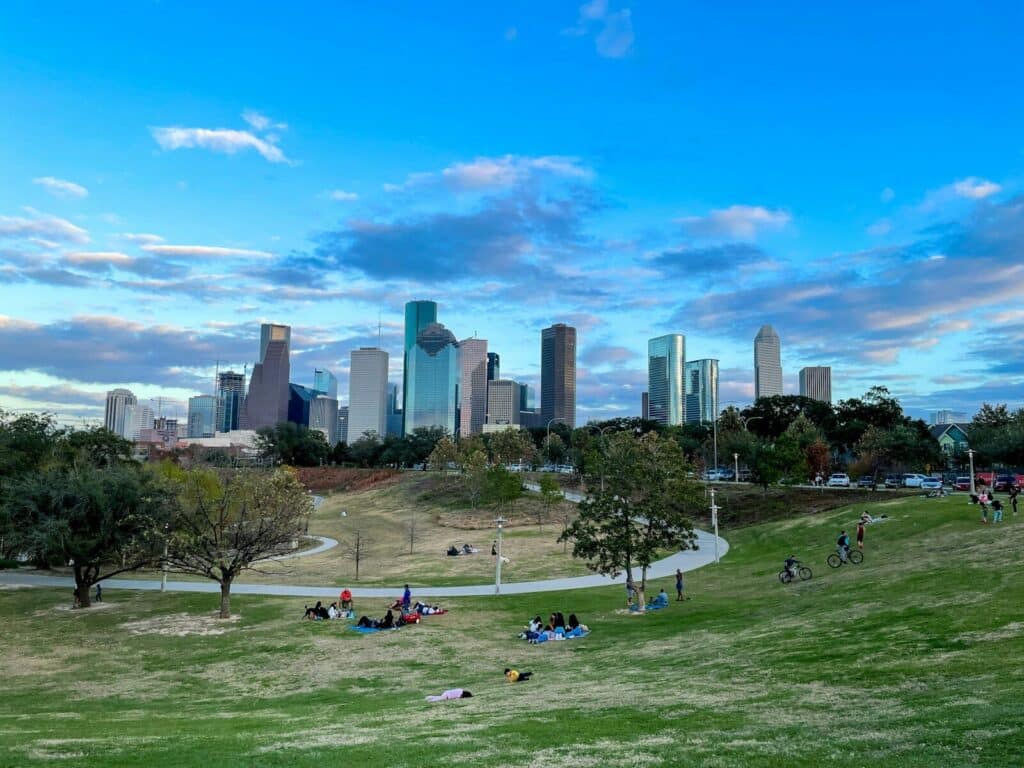 Houston with people sitting on green grass field near city buildings during daytime