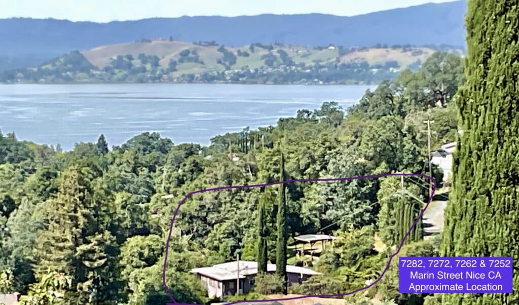 Aerial View of 7282 Marin St Nice CA showing Clearlake - Nice Real Estate (Digital Altered to show approximate location and addresses)