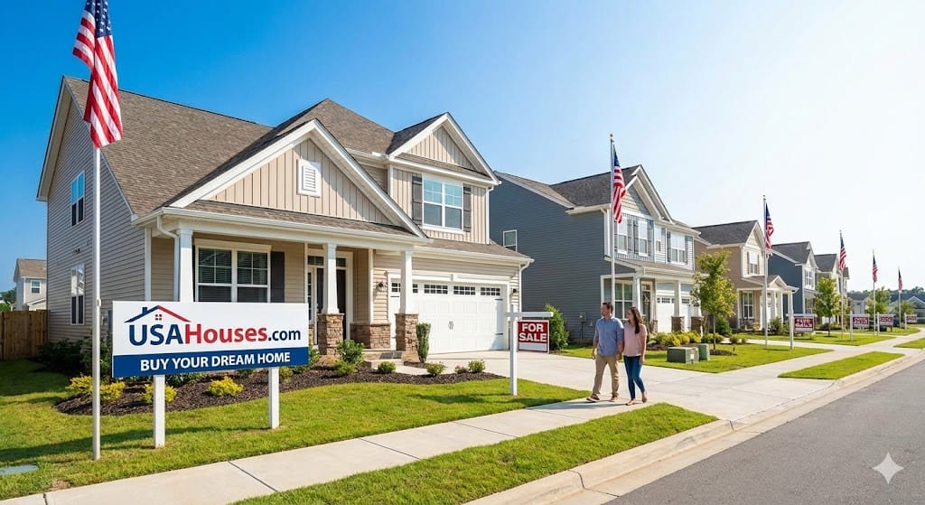 New construction homes for sale in a model home community with American flags, representing the best USA new homes & houses for foreign and domestic buyers.