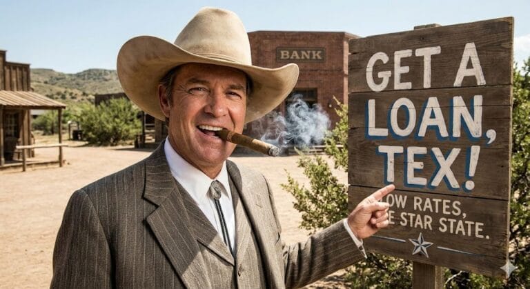 A confident Texas cowboy lender in a suit and hat smoking a cigar, pointing to a rustic sign that says Get A Loan Tex, Low Rates, Lone Star State, representing Texas real estate financing.