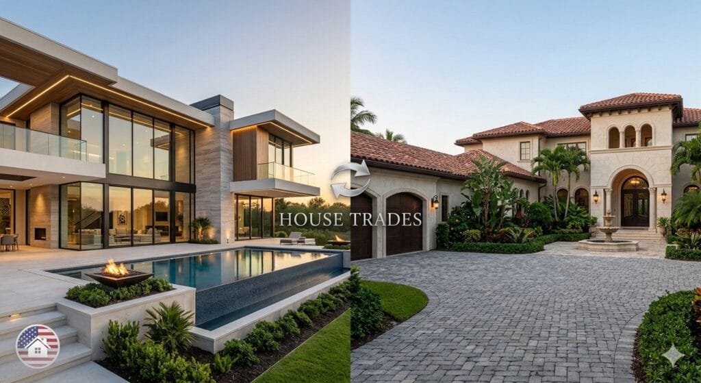 House Trades with property owners successfully completing a home exchange by handing over their keys especially for USA houses. This symbolizes the personal connection and exciting new opportunities created by trading real estate on USAHouses.com.