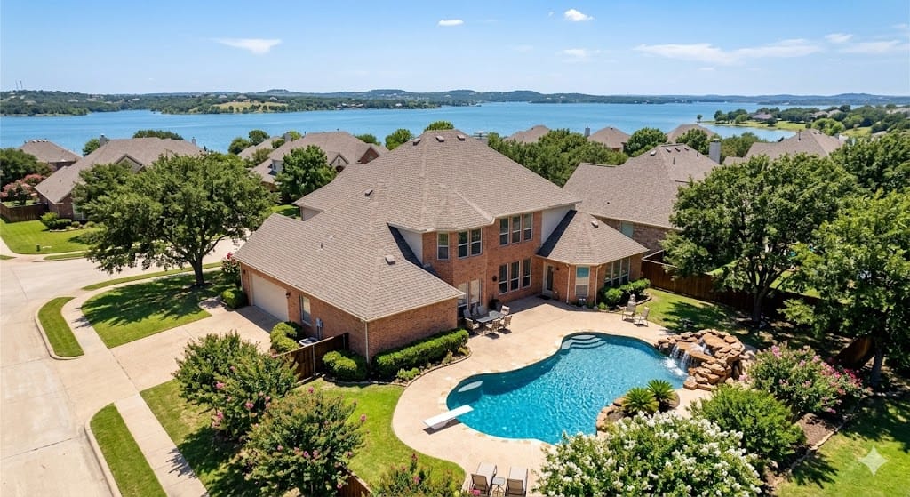 Aerial view of a beautiful brick corner home in Texas featuring a large backyard with a custom diving pool, rock waterfall, and a scenic lake in the background. Some like this are in California, Florida and other parts of the US as well. USA Houses buy homes new houses sell houses gateway, The American Dream. Beautiful luxury homes, USA houses for sale, new construction, and real estate investment opportunities.