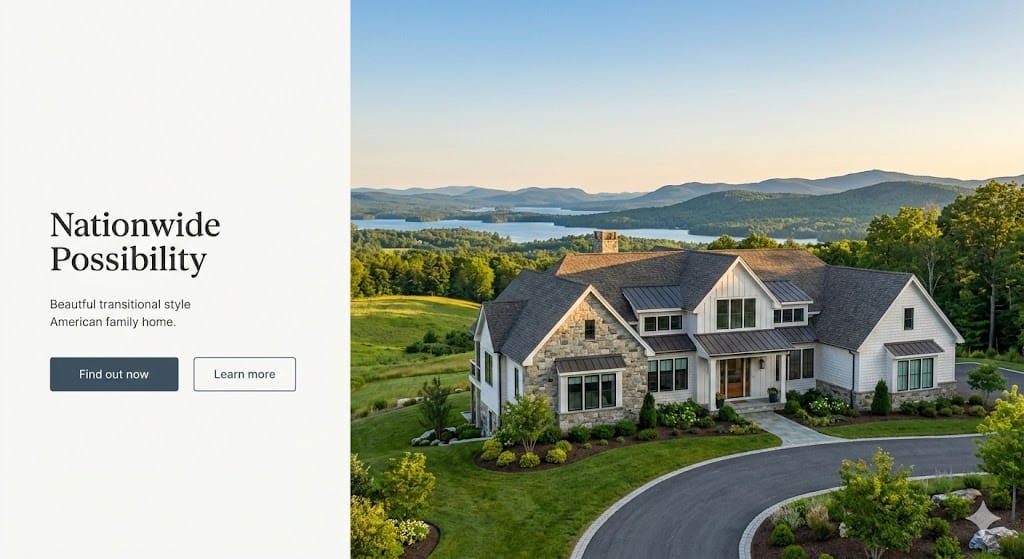 Aerial view of a luxury American home in a beautiful neighborhood with a lake and mountains in the background, representing USA houses for sale nationwide at USAHouses.com.