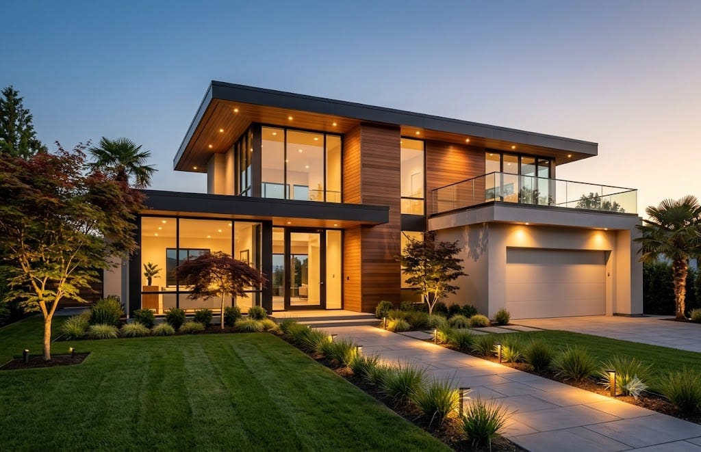 Modern new construction home rendering with integrated digital real estate inventory pipeline mapping overlay. New USA Houses and New Construction Homes like this are very appealing.