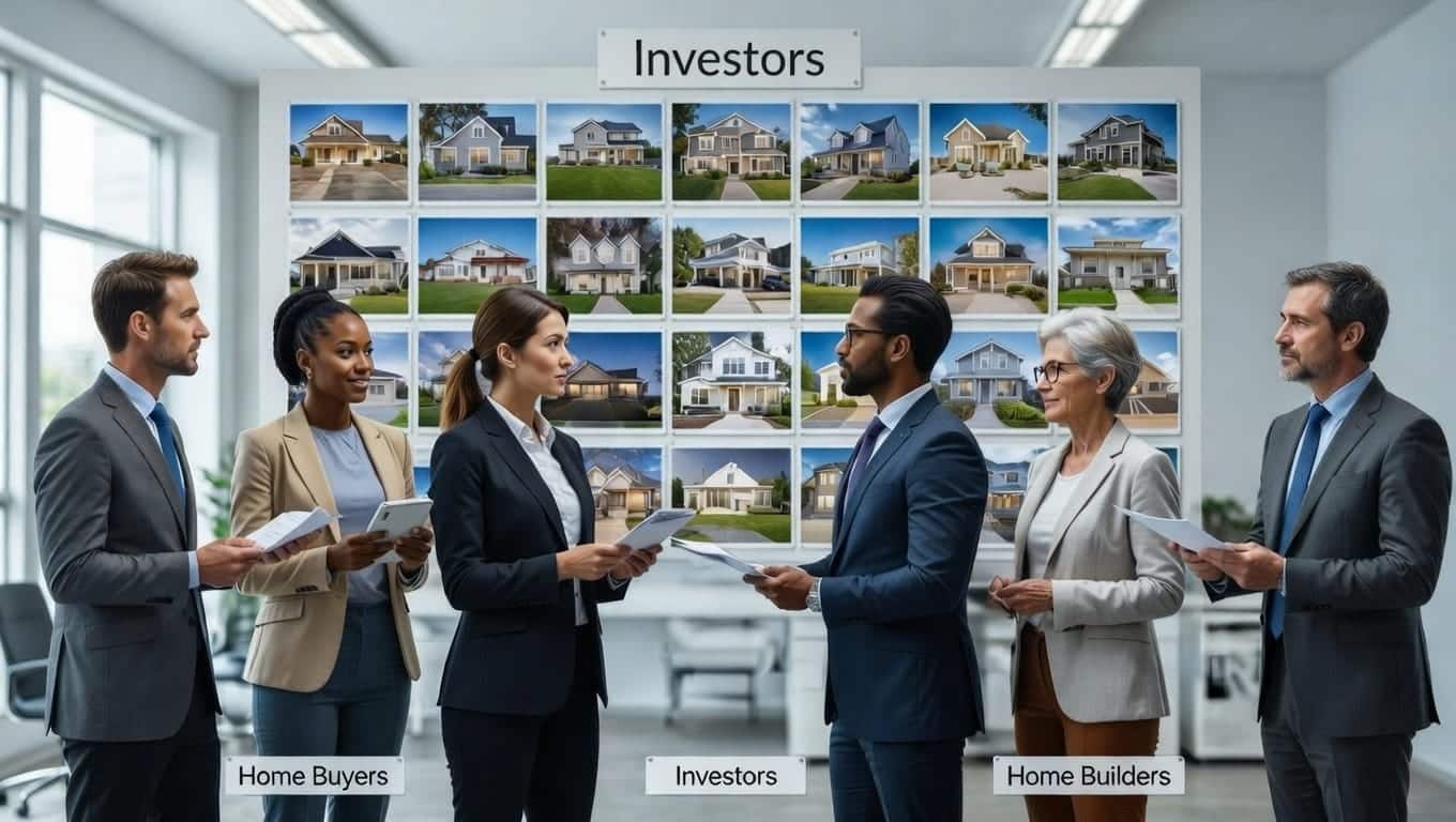 Investors, a diverse group of real estate professionals and clients, including home buyers, investors, and home builders, reviewing strategies of USA houses.