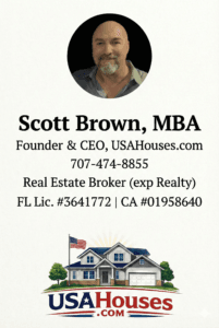 Corporate business card for Scott Brown, MBA, Founder and CEO of USA HOUSES LLC and Broker Associate at eXp Realty, displaying multi-state real estate broker licensing for California, Florida, and Missouri alongside corporate contact details.
