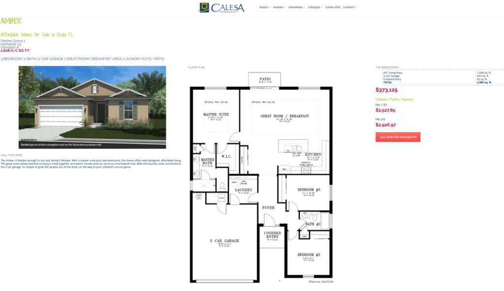Ocala Florida Hot Deals - Calesa Township Amber Floor Plan Model, new home for sale