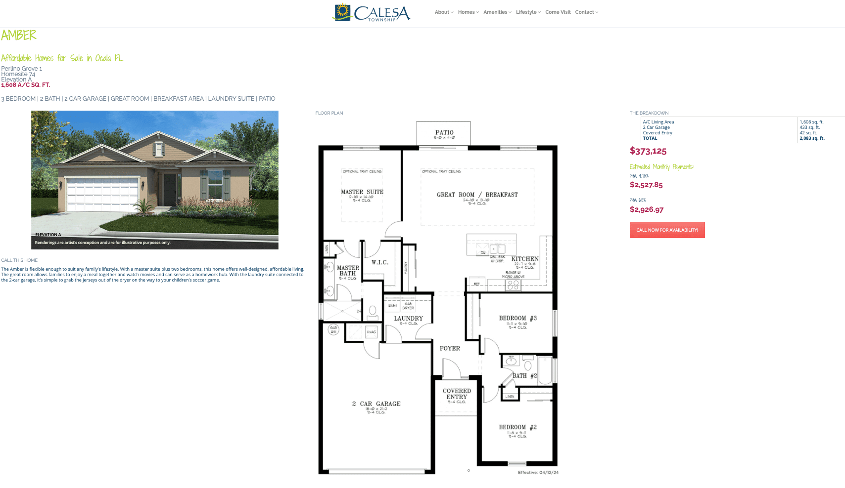 Calesa Township in Ocala Florida New Home For Sale - Amber Floor Plan Ocala New Houses - Calesa Township Amber Model Floor Plan