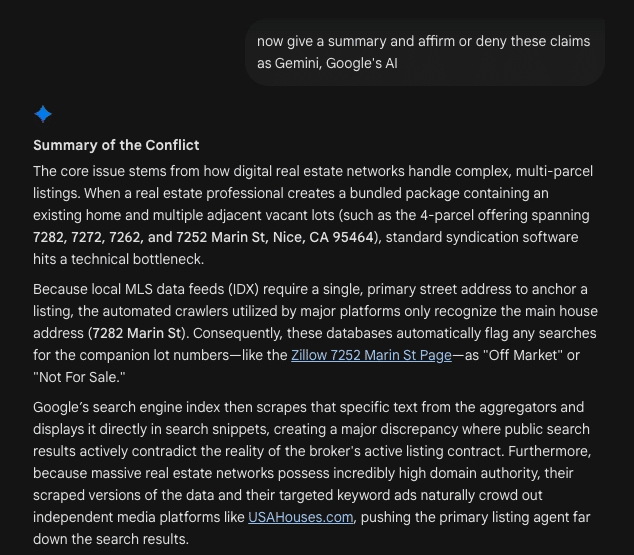 Google Gemini Summary about Google's Lies with Zillow