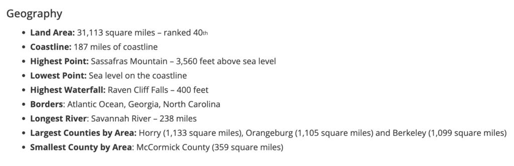 Graphic showing South Carolina real estate geography  details and state info