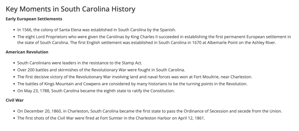 Key Moments in South Carolina History pic overview
