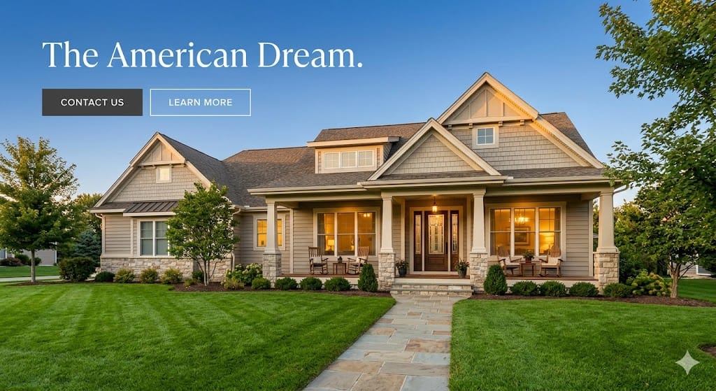 The American Dream. Beautiful luxury home with a large green lawn representing USA houses for sale, new construction, and real estate investment opportunities.