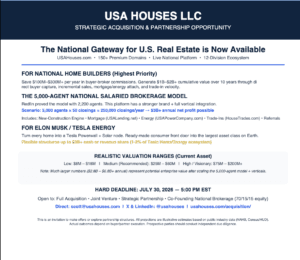USA HOUSES LLC strategic acquisition and joint venture offering document highlighting a 150 plus domain ecosystem, high-velocity salaried agent financial models, and a multi-vertical real estate lifecycle platform overview.