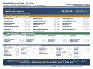 Institutional acquisition flyer for USA HOUSES LLC showcasing a national housing platform infrastructure, 150 plus premium domain portfolio moat, and multi-vertical business scaling frameworks.