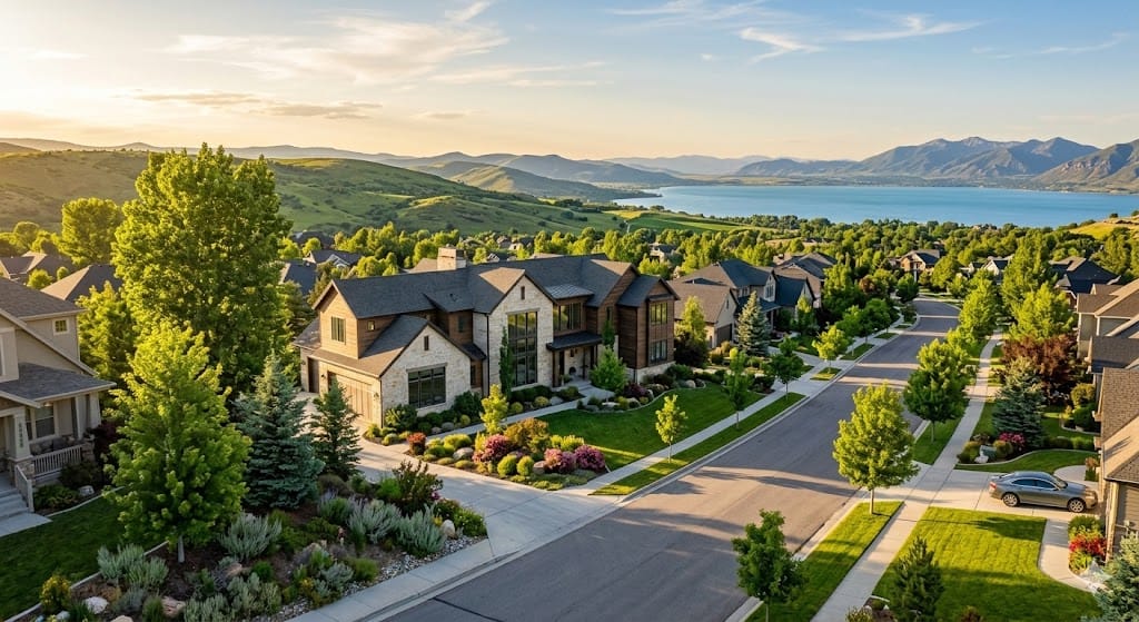 Aerial view of a luxury American home in a beautiful neighborhood with a lake and mountains in the background, representing USA houses for sale nationwide. Home Valuation. USA Houses Nationwide