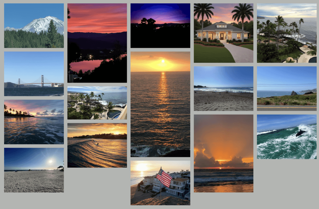 A scenic collage of beautiful landscapes across the United States, representing the national real estate markets, land, and homes available in all 50 states through USAHouses.com. California, Florida Beaches, Sunsets