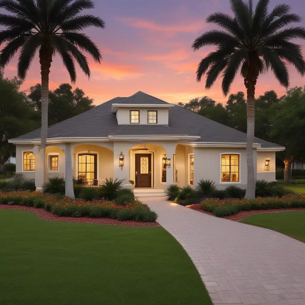 Sunset view of a tropical USA house with palm trees and a city skyline - Search Florida and other USA properties on USAHouses.com