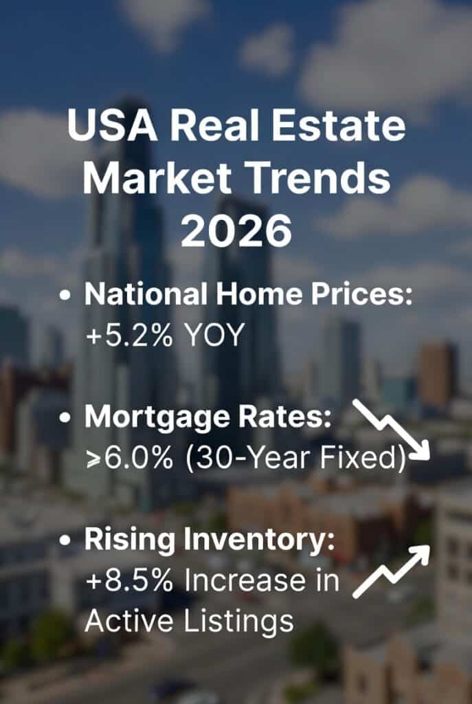 USA Real Estate Market Update 2026 infographic: national home prices up +5.2% year-over-year, 30-year mortgage rates around 6%, and rising active inventory +8.5% with upward arrows on city skyline background