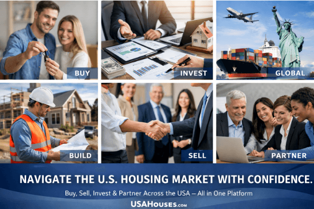 A collage of real estate homebuyers, investors, global clients, home builders, and industry partners above a banner reading Navigate the U.S. Housing Market with Confidence.