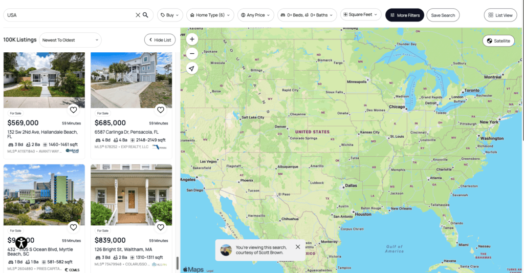 Interactive map search interface on USAHouses.com showing property listings and a geographical map of homes for sale across the United States.