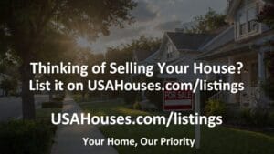 An infographic illustration with two sections that reads Thinking of Selling Your House? List in on USAHouses.com/listings USAHouses.com/listings Your Home, Our Priority Find property for sale there or list it, USA Houses and other property