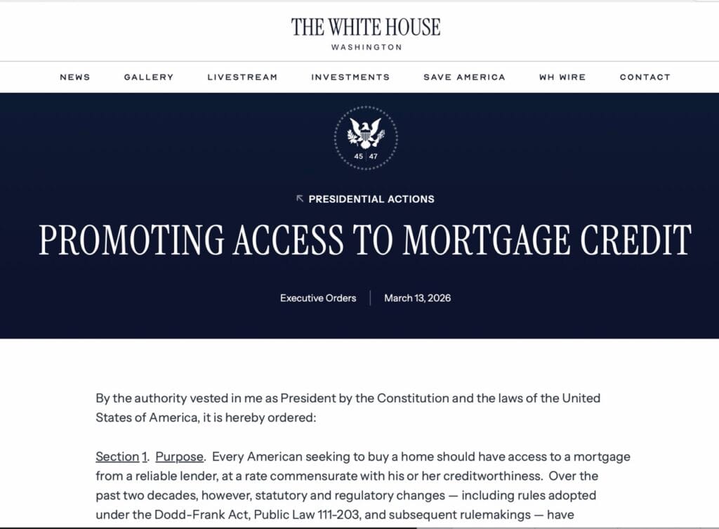 Presidential Executive Order on Promoting Access to Mortgage Credit and Digital Mortgage Modernization 2026. New homes, US housing crisis, market news, home buying & mortgage rates.