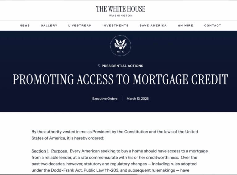 Presidential Executive Order on Promoting Access to Mortgage Credit and Digital Mortgage Modernization 2026. New homes, US housing crisis, market news, home buying & mortgage rates.