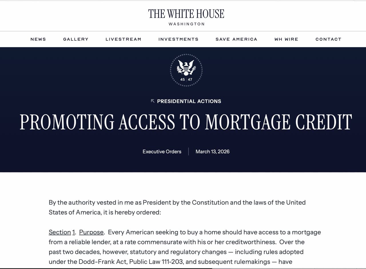 Presidential Executive Order on Promoting Access to Mortgage Credit and Digital Mortgage Modernization 2026. New homes, US housing crisis, market news, home buying & mortgage rates.