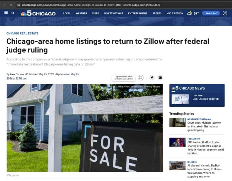 A news graphic overview of the 2026 Zillow lawsuit and antitrust battle over real estate data control, featuring a house for sale sign.