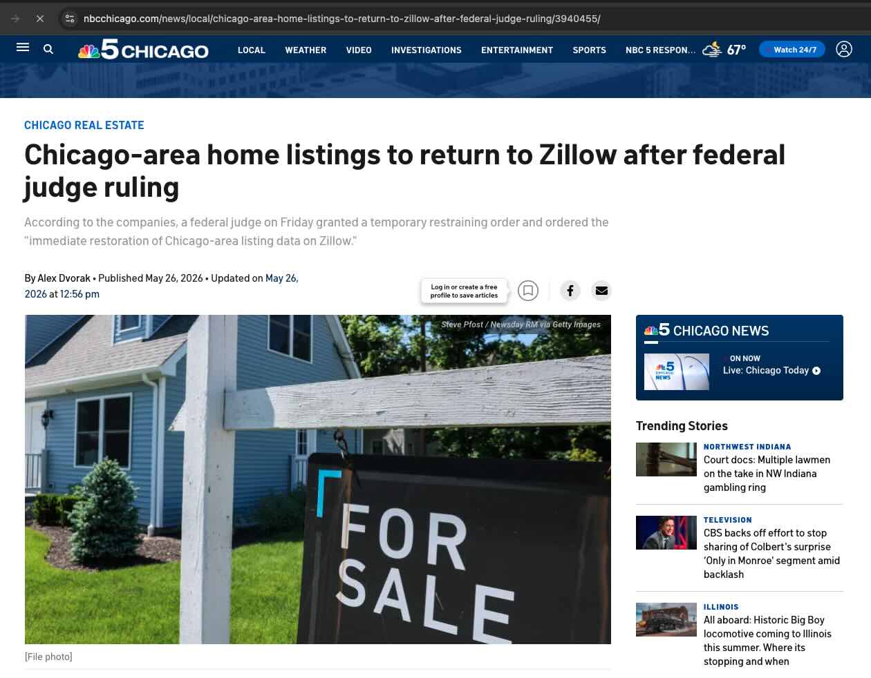 A news graphic overview of the 2026 Zillow lawsuit and antitrust battle over real estate data control, featuring a house for sale sign.
