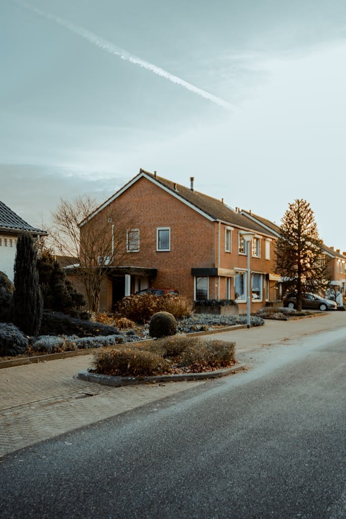 Missouri homes, Brick houses lining a quiet street in the Netherlands, Missouri, USA, under a clear sky.