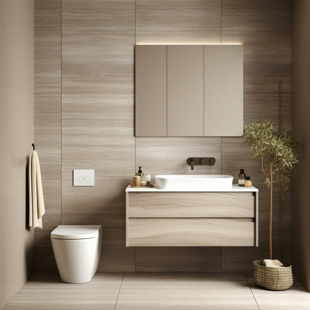 A bathroom with a toilet, sink and mirror