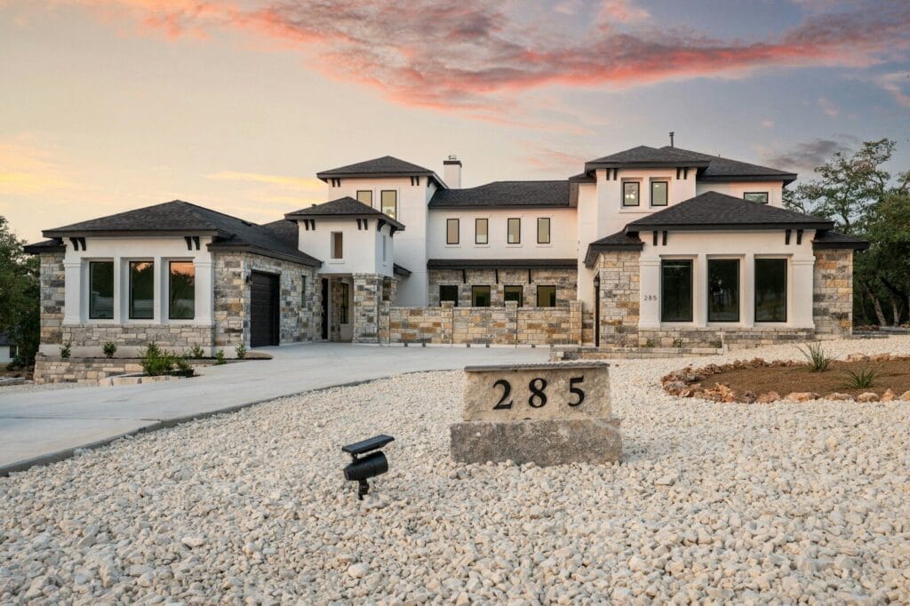 Modern luxury home with stone accents at sunset. Beautiful USA luxury house and new American real estate property for sale. Santa Rosa California homes for sale