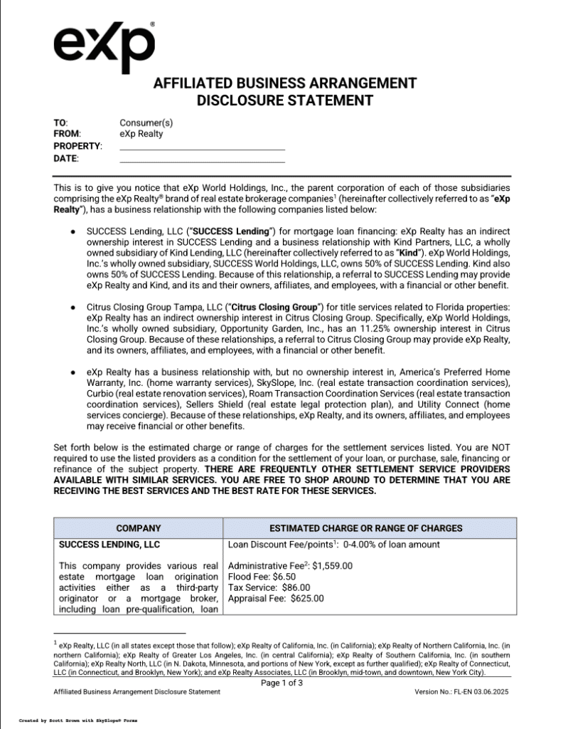 eXp Realty ABA Affiliated Business Arrangement page 1 for disclosures & compliance