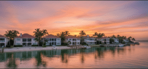 Sunset view of waterfront USA houses and luxury properties - USAHouses.com