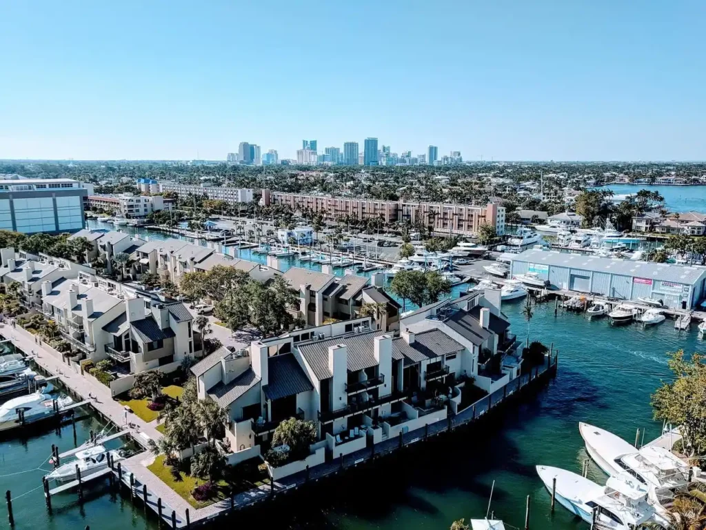Aerial view of Fort Lauderdale USA houses and coastal real estate and waterways.