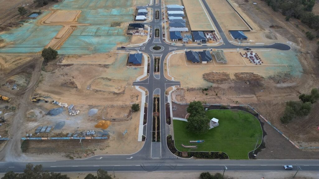 New USA Houses are being built across America. An aerial view of a construction site in the middle of nowhere