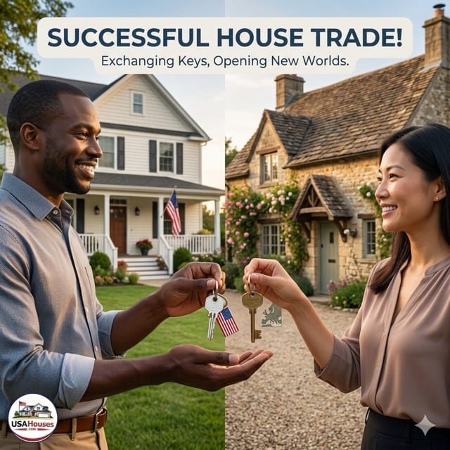Successful house trades like this one have two happy homeowners smiling and exchanging house keys—one with a US flag keychain and one with a European map—standing in front of their swapped properties to celebrate a successful house trade. USA Houses