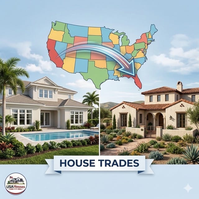 house trades with property owners successfully completing a home exchange by handing over their keys. This symbolizes the personal connection and exciting new opportunities created by trading real estate on USAHouses.com.