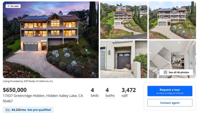 EXP Realty listing in Hidden Valley Lake CA. Exterior front view of the 3,472 sq ft luxury home at 17437 Greenridge Rd in Hidden Valley Lake CA, featuring panoramic lake and mountain views.