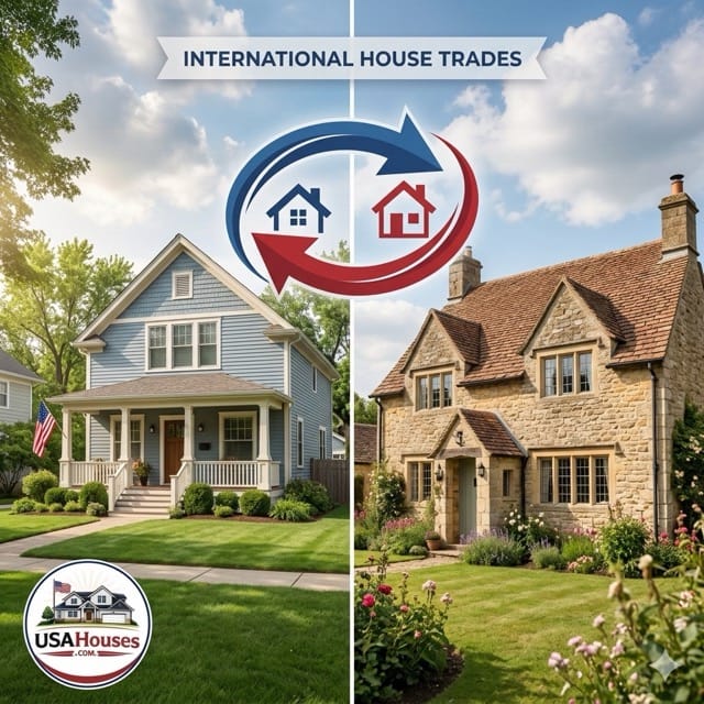 International Houses Trades might be like this blue American-style home and a stone European-style home being swapped, image shows them connected by circular exchange arrows, representing an international house trade on USAHouses.com.