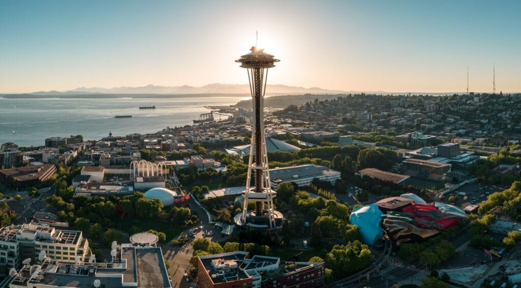 Seattle Washington , a view of a city with a tower in the middle of it