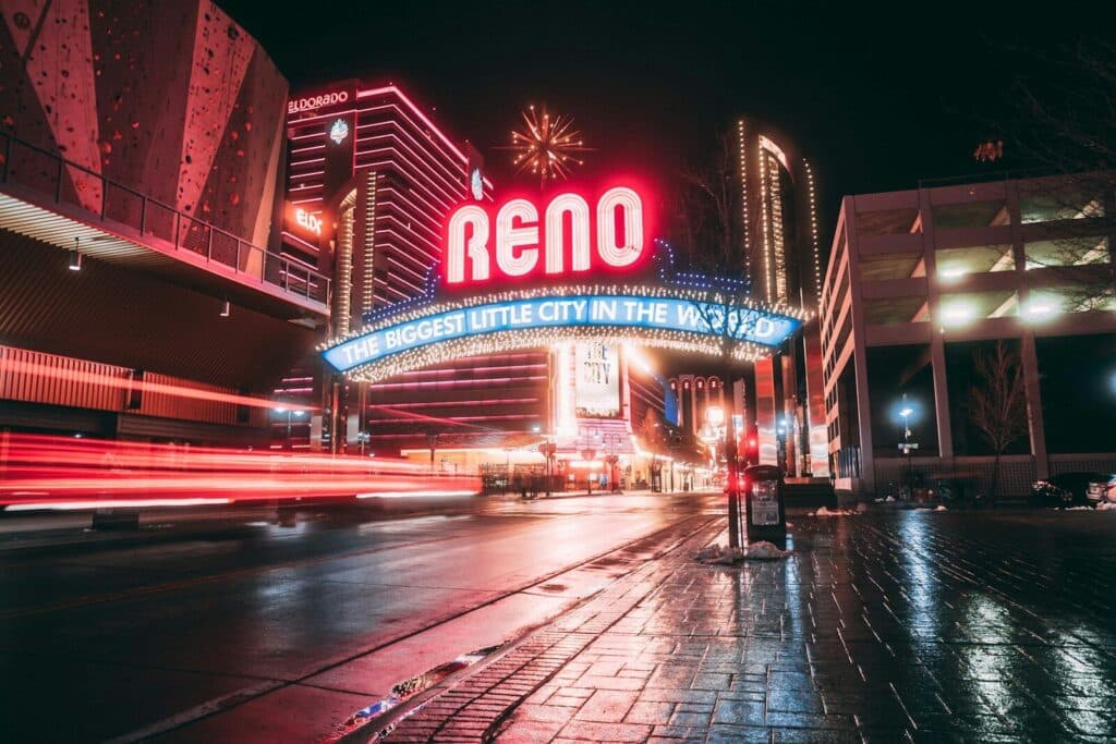 Reno real estate, high-rise building during nighttime