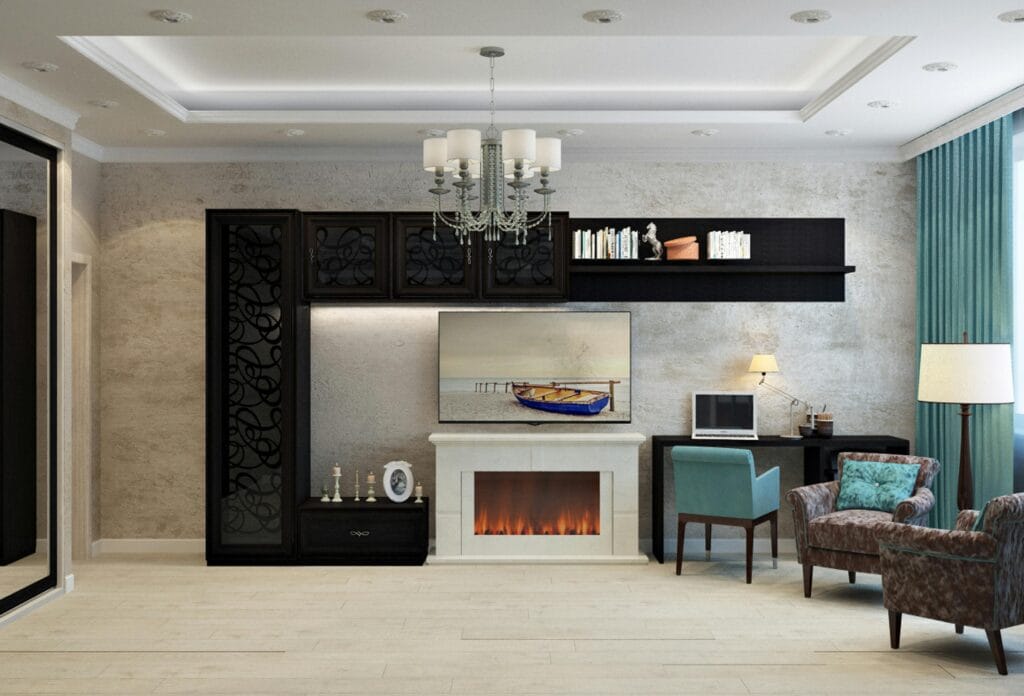 Elegant modern interior living room with fireplace and stylish decor. Sonoma County California living room.