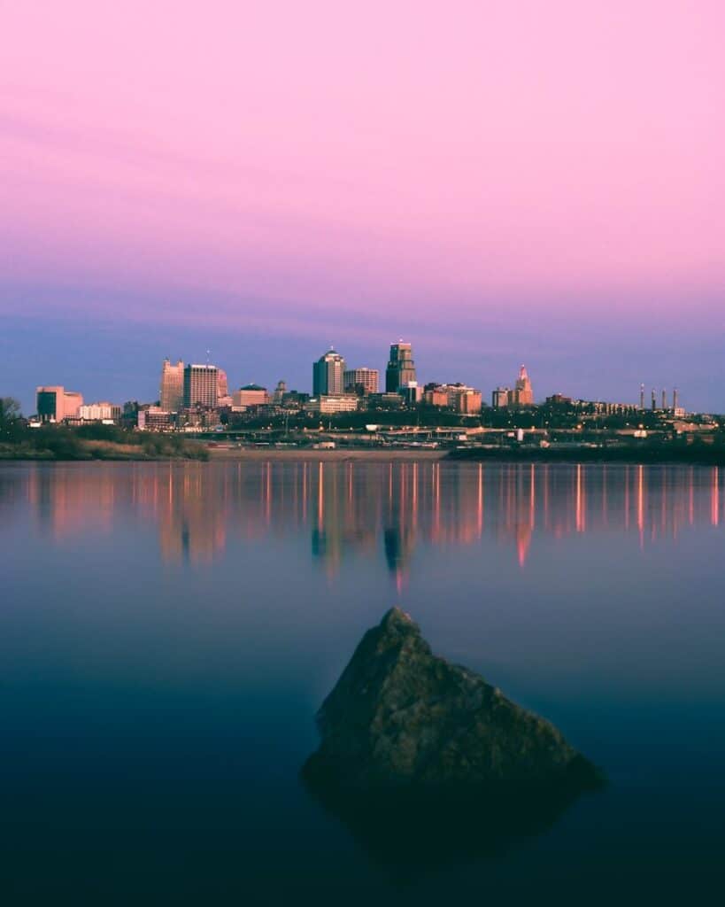 Kansas City high-rise buildings against pink sky