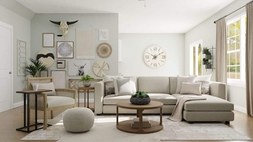 Living room has brown wooden round table with chairs