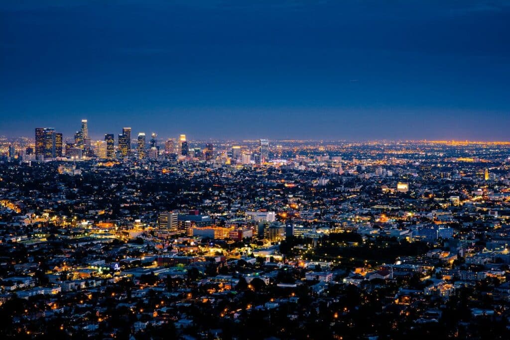 aerial photography of los angeles cityscape at night