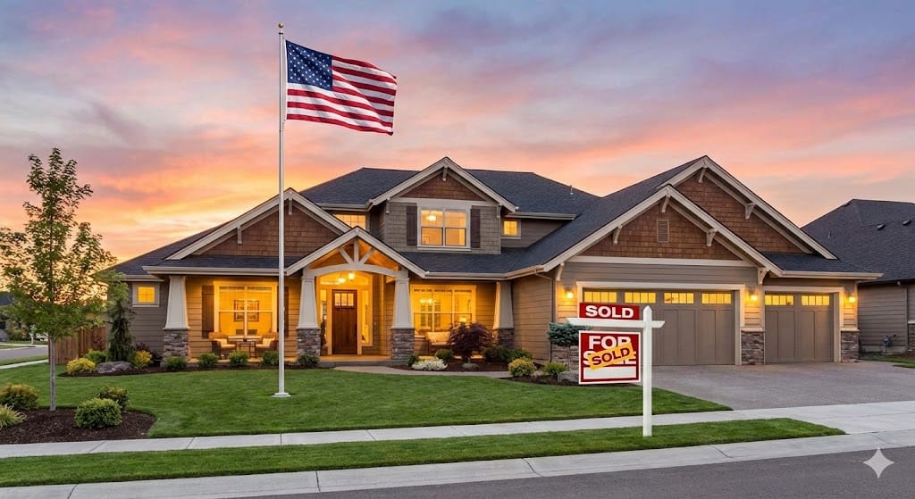 A luxury American craftsman home at sunset with a large US flag and a 'SOLD' sign on the front lawn, representing selling USA houses for top dollar with an expert Realtor. New homes, investors. New USA Houses for sale that can be lived in or leased out for rental income. Best rental markets in USA.